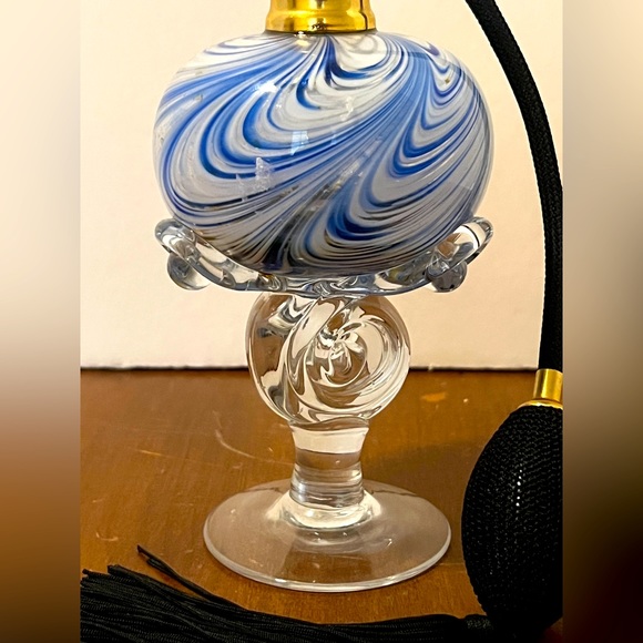 Hand Blown Blue & White Swirl Art Glass Perfume Bottle Atomizer - Picture 2 of 8